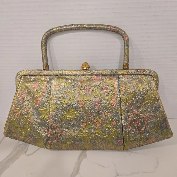 RARE Vintage Antique 1950s Rosart Tapestry Bag Pink Green Gold - Picture 4 of 12